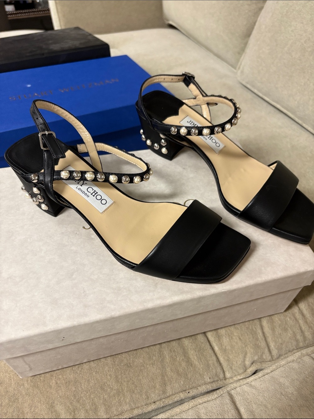 Jimmy Choo Black Pearl-Stud Ankle Strap Sandals - Picture 2 of 5